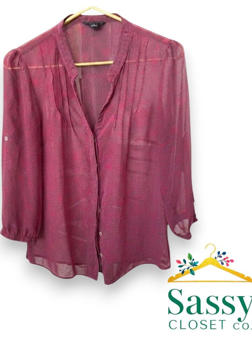 ✨ BANANA REPUBLIC Fuchsia Floral Blouse S 3/4 Sleeve V-Neck Sheer 🌸